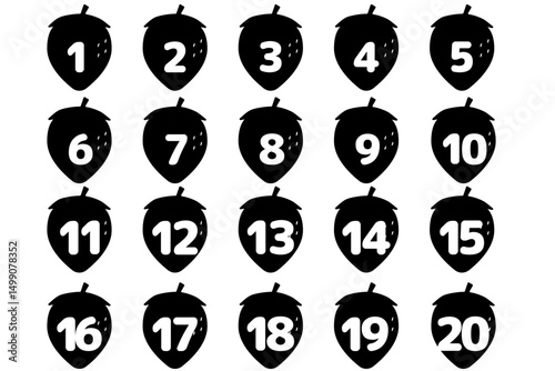 いちごの数字アイコンセット　20までの数字　(モノクロ)