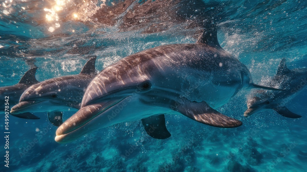Fototapeta premium A pod of dolphins swimming gracefully beneath the shimmering ocean surface