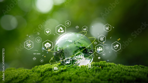 Crystal globe glass on green in forest with icon of Sustainable Development, green business, circular economy, supply chain, . renewable energy, carbon emission to net zero. Earth Day, and ESG concept photo