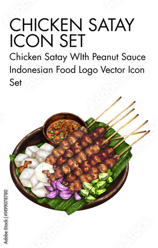 Chicken satay with penakut sauce indonesian Food logo vector Icon set