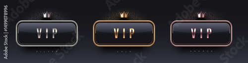 3d VIP sign with metal frame and crown. Gold, silver and bronze metallic luxury sign on black background. Vector set.