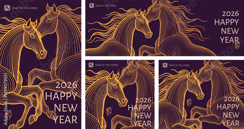 2026 Chinese New Year ,Year of the Horse Greeting Designs. Line Art Horse Illustrations for Cover, Card, Poster, Banner and Flyer Templates