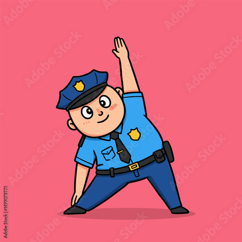 Happy cop in blue uniform holding yellow and blue light sticks while giving directions.