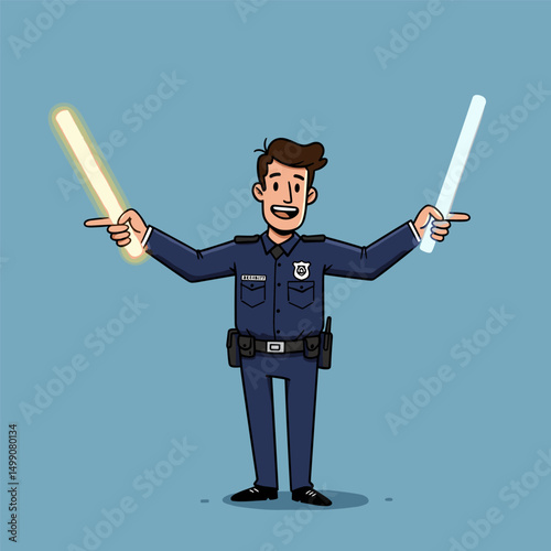 Cartoon police officer directing traffic with glowing batons and a cheerful smile.