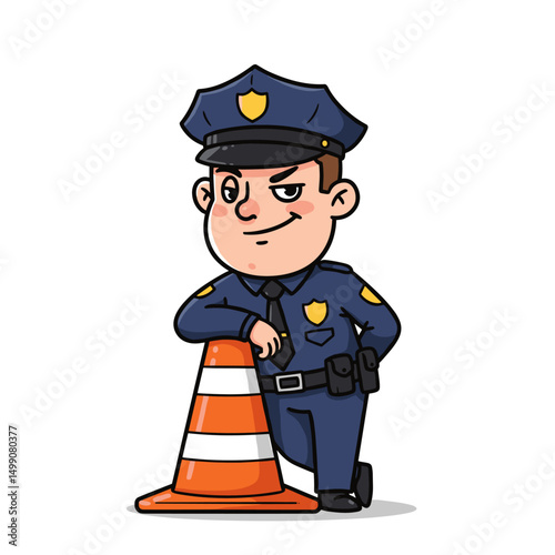Cartoon police officer in blue uniform leaning confidently on a traffic cone.