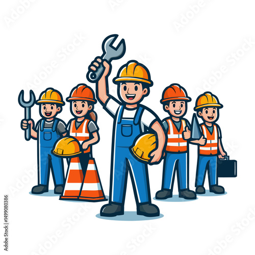 Smiling builder mascot cartoon character vector in bright uniform holding tools wearing hard hat for contractor company logo design construction services identity