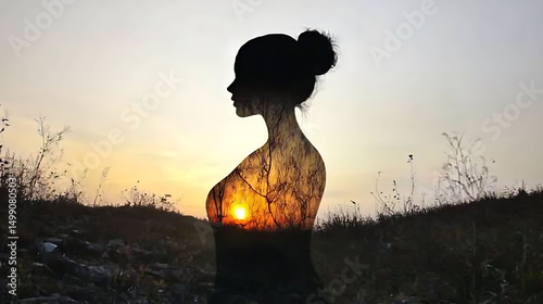 Silhouette of a woman at sunset, artfully blended with a landscape, creating a captivating double exposure effect.  Perfect for themes of nature, serenity, inner peace, and feminine strength.