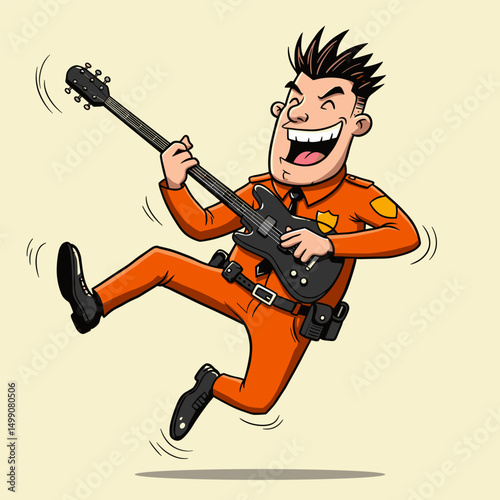 A cheerful cartoon police officer in an orange uniform energetically jumps while playing a black electric guitar, expressing excitement and joy.