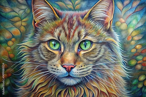 AI Generated image of Detailed painting of a cat's face with striking green eyes against a colorful background