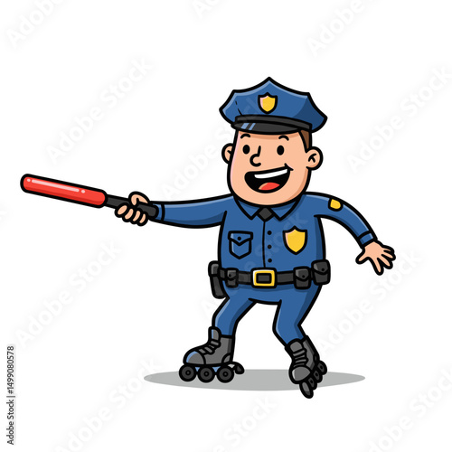Cartoon police officer in blue uniform roller skating with a baton in hand.