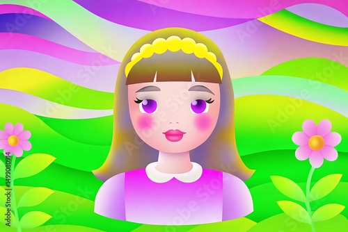 AI Generated image of Illustration of a cute girl with purple eyes and pink cheeks in a colorful wavy background