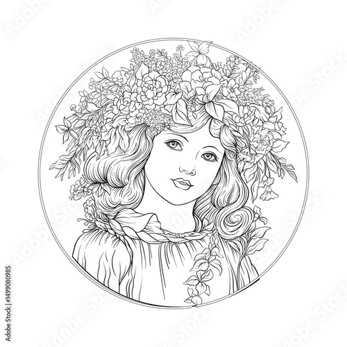 A young beautiful girl in circle frame Clip art. Coloring page for the adult coloring book. Vector illustration. In art nouveau style, vintage, old, retro style.