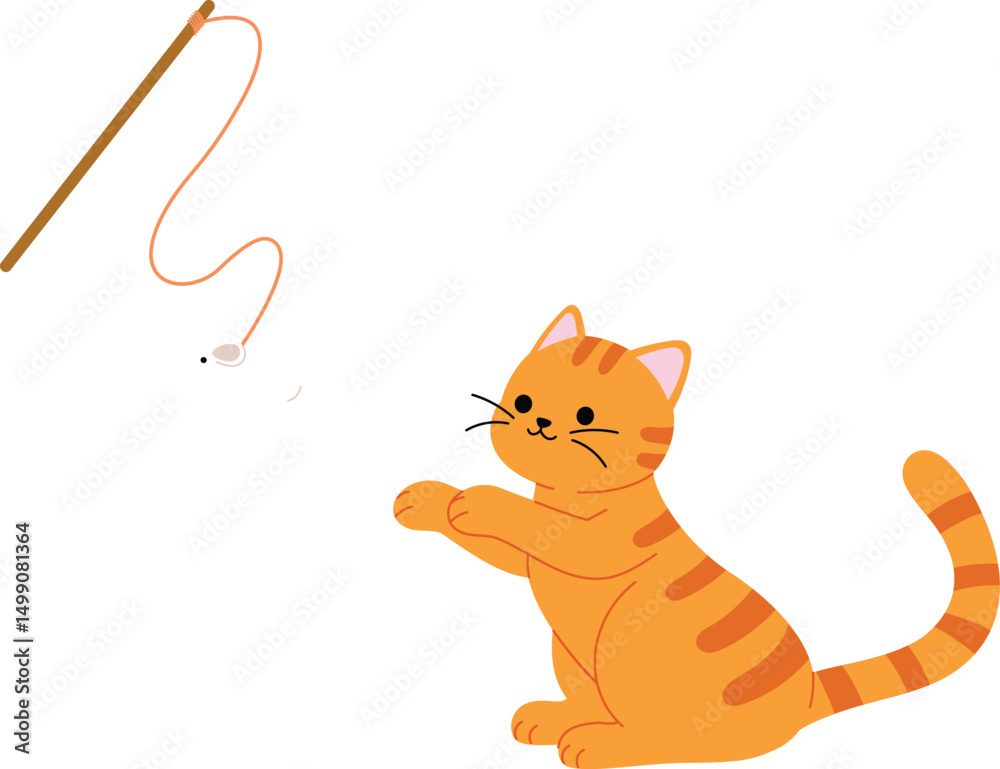 Obraz premium cute orange tabby cat plays mouse teaser toy stick illustration