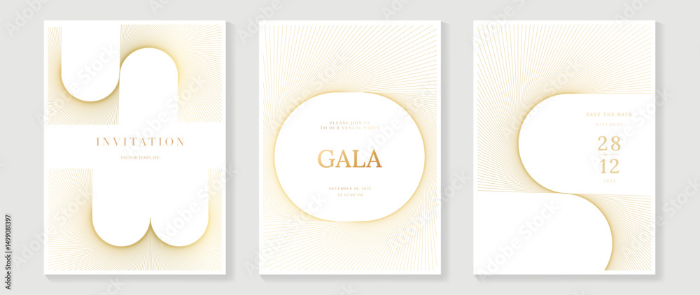 Luxury wedding invitation card background vector. Golden elegant gold wavy lines on white background. Premium design illustration for wedding, vip cover template, banner, poster.