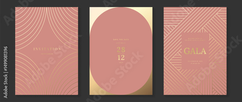 Luxury wedding invitation card background vector. Golden elegant gold wavy lines on pink background. Premium design illustration for wedding, vip cover template, banner, poster.