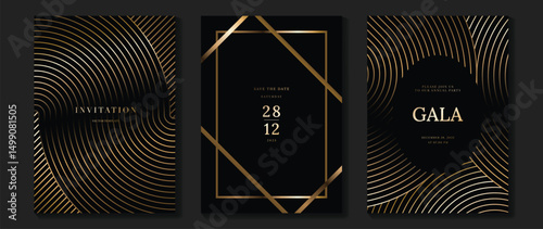 Luxury wedding invitation card background vector. Golden elegant gold wavy lines on dark background. Premium design illustration for wedding, vip cover template, banner, poster.
