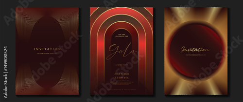 Luxury wedding invitation card background vector. Golden elegant gold wavy lines on red background. Premium design illustration for wedding, vip cover template, banner, poster.