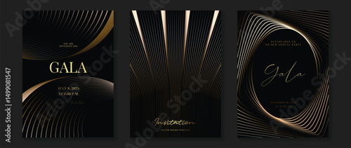 Luxury wedding invitation card background vector. Golden elegant gold wavy lines on dark background. Premium design illustration for wedding, vip cover template, banner, poster.