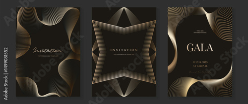 Luxury wedding invitation card background vector. Golden elegant gold wavy lines on navy blue background. Premium design illustration for wedding, vip cover template, banner, poster.