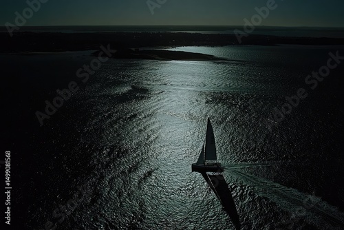 Dark water, moonlit sail.  A sailboat glides over tranquil waters at night