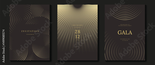 Luxury wedding invitation card background vector. Golden elegant geometric shape, gold wavy lines on brown background. Premium design illustration for wedding and vip cover template, banner, poster.