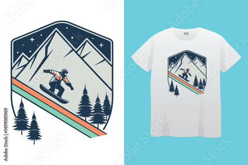 Extreme Snowboarding Vector – Winter Mountain Sports Artwork, Winter Adventure Snowboarding Illustration – Sporty Mountain Scene, Man Snowboarding Downhill – Cold Weather Extreme Sport Vector.