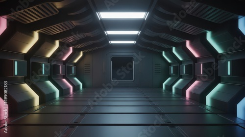 Symmetrical Neon-Lit Corridor in a Futuristic Space Station.