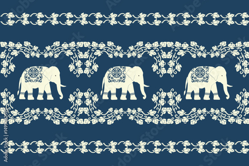 Traditional Thai pattern with white elephants and Thai Kanok motifs on a dark blue background. Elegant, cultural, and symmetrical design suitable for textiles, wallpaper, and creative art projects. photo