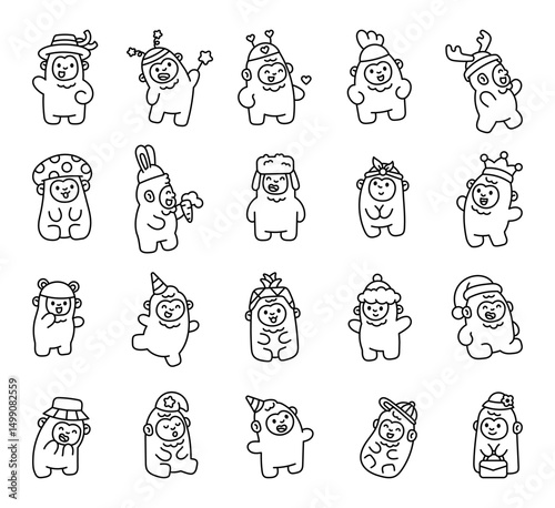 Cute yeti character set featuring various funny hats smiling faces happy poses cheerful activities adorable emotions attractive outfits positive vibes