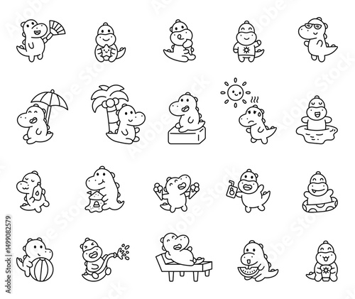 Crocodile summer character set enjoying funny beach activities swimming relaxing holding drinks eating sweet watermelon for yours illustration and creative designs projects