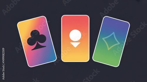 Three Gradient Playing Cards Featuring Stylized Custom Symbols.
