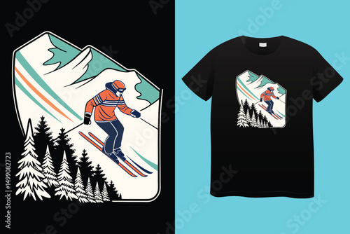 Extreme Snowboarding Vector – Winter Mountain Sports Artwork, Winter Adventure Snowboarding Illustration – Sporty Mountain Scene, Man Snowboarding Downhill – Cold Weather Extreme Sport Vector.