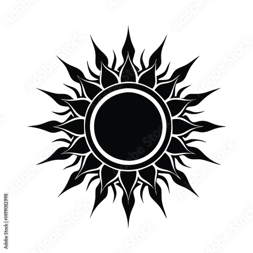 Black and white sun icons, tribal sun designs, stylized solar symbols, spiky sun silhouettes