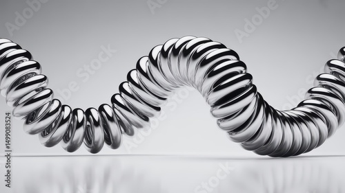 Shiny Chrome Spiral Coil in Wave Motion on Reflective Surface.