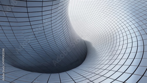 Twisting Blue Grid Tunnel Forming a Futuristic Abstract Vortex.