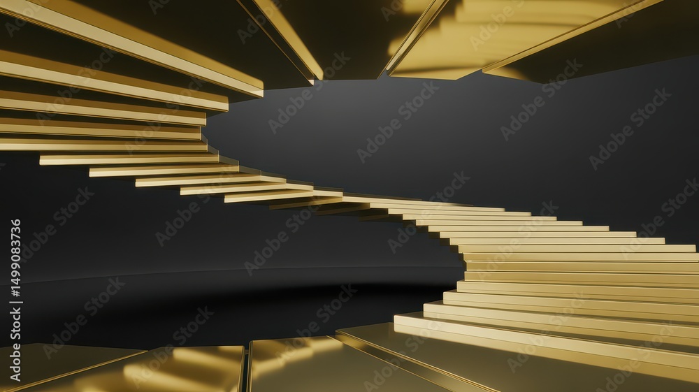 Fototapeta premium Floating Golden Spiral Staircase Against Dark Minimalist Backdrop.