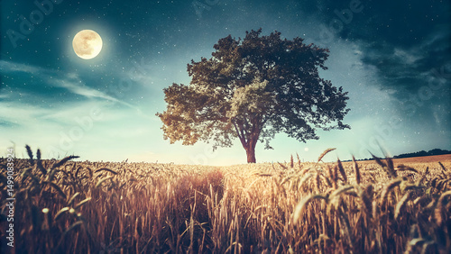 Solitary Tree in a Wheat Field Under Moonlight