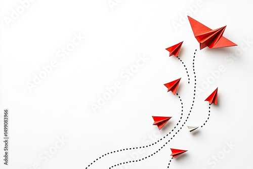 Red paper airplanes, concept of leadership, growth, and innovation