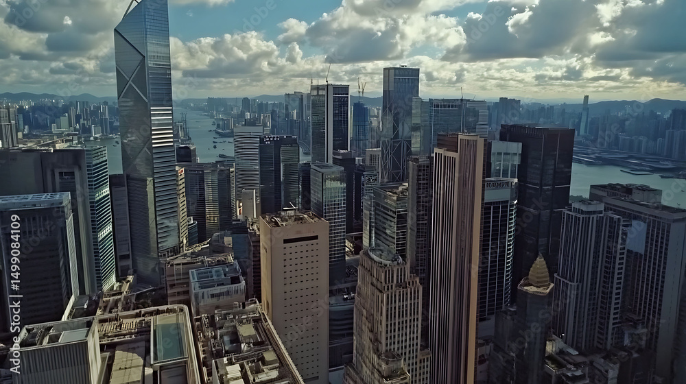 Obraz premium Stunning aerial view of a vibrant cityscape, showcasing a dense cluster of skyscrapers under a partly cloudy sky. Perfect for illustrating urban development, business, or travel themes.