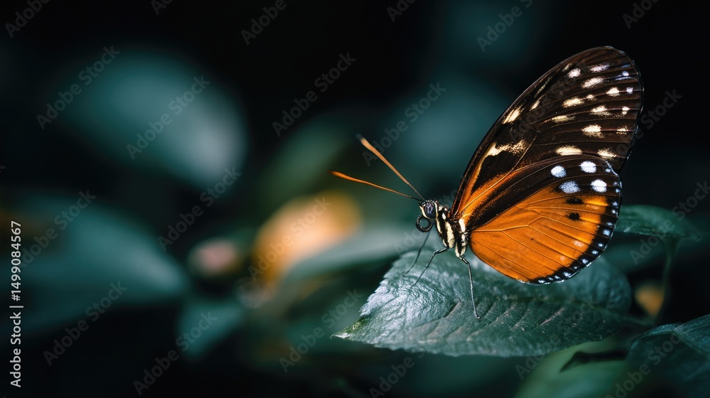 Obraz premium A beautiful butterfly on a leaf in the forest. The beautiful nature background features blurred, dark green leaves and a black background. A close-up of an orange and white-colored butterfly.