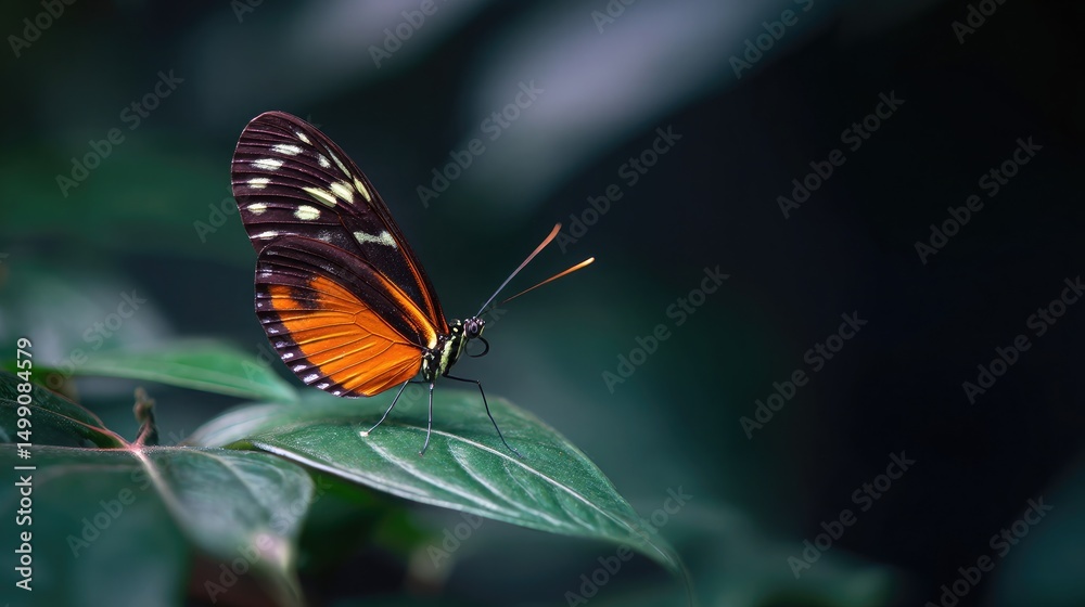 Fototapeta premium A beautiful butterfly on a leaf in the forest. The beautiful nature background features blurred, dark green leaves and a black background. A close-up of an orange and white-colored butterfly.