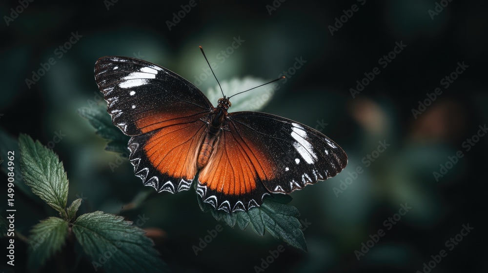 Fototapeta premium A butterfly perched on the edge of green leaves, macro photography, dark background, blurred foreground.