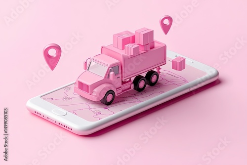 Pink delivery truck model atop a smartphone displaying a map, accompanied by location markers, illustrating online order tracking