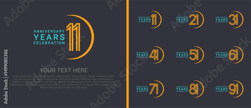 logo anniversary set. blue and yellow color with swoosh on black background for special event