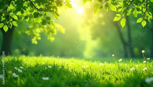 Vibrant green spring background with lush foliage and soft sunlight , vibrant green, backdrop