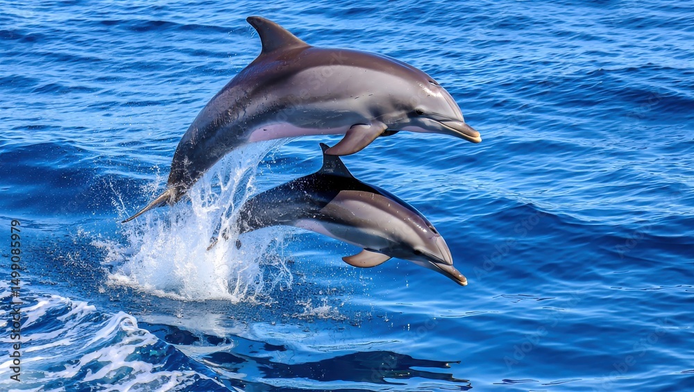 Obraz premium Two dolphins jumping out of the blue ocean water in the sunshine