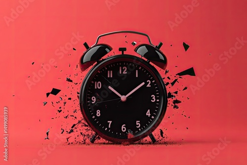 A shattered black alarm clock explodes against a vibrant red backdrop, its fragments scattering dynamically