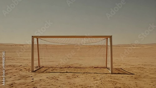 Empty soccer goal in a vast desert landscape