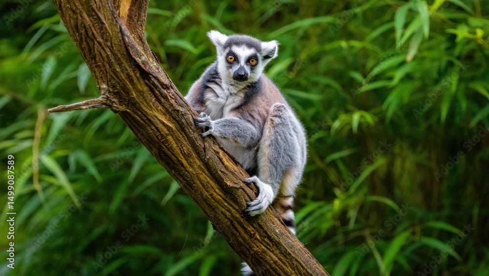 Naklejka premium Ring tailed lemur perched on a branch in a lush green environment