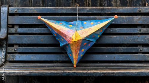 Distorted colorful umbrella on a vintage wooden bench in an outdoor setting